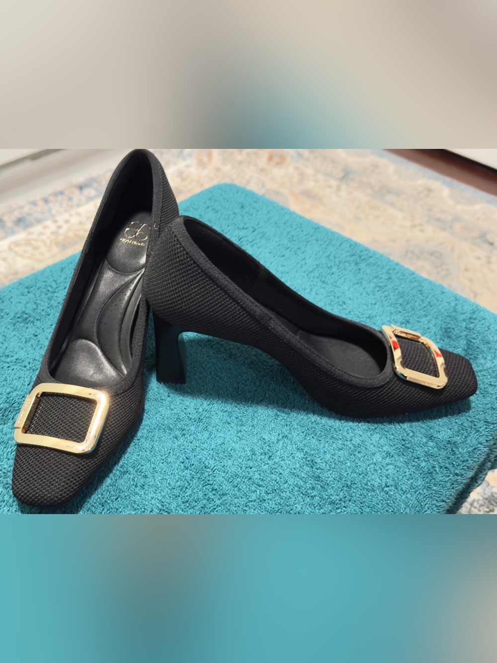 Classic Black Mid-Heel Pumps with Gold Buckle